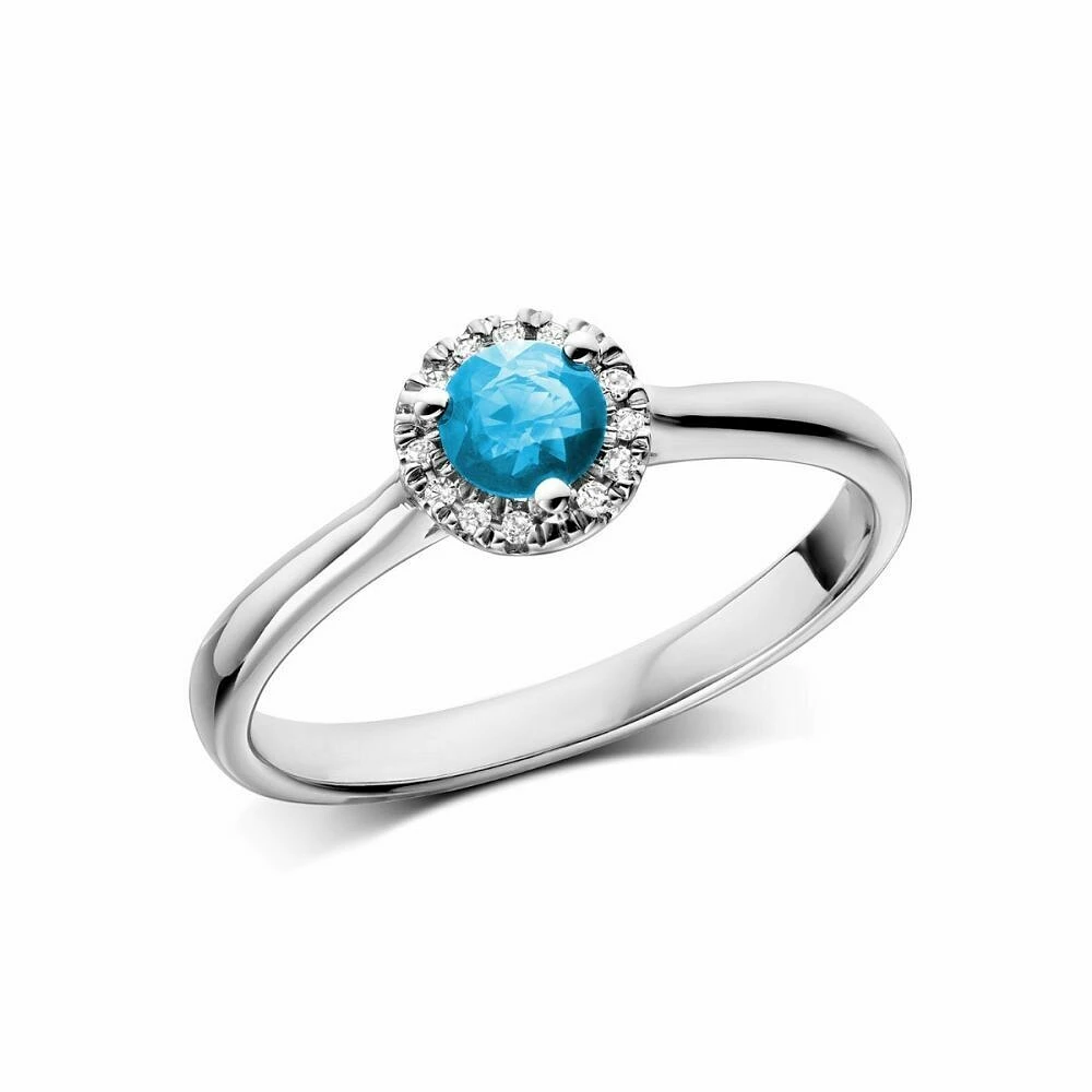 Blue Topaz & Diamond Halo Ring White Gold