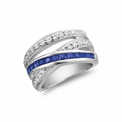 Bypass Wide Blue Sapphire & Diamond Ring White Gold