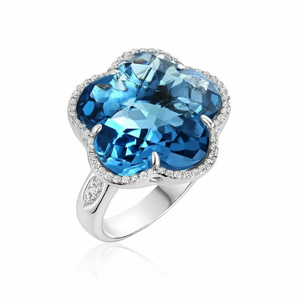 London Blue Topaz & Diamond Flower Ring White Gold