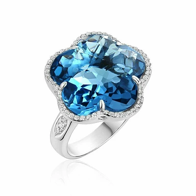 London Blue Topaz & Diamond Flower Ring White Gold