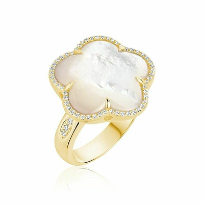 Mother of Pearl & Diamond Flower Ring Yellow Gold