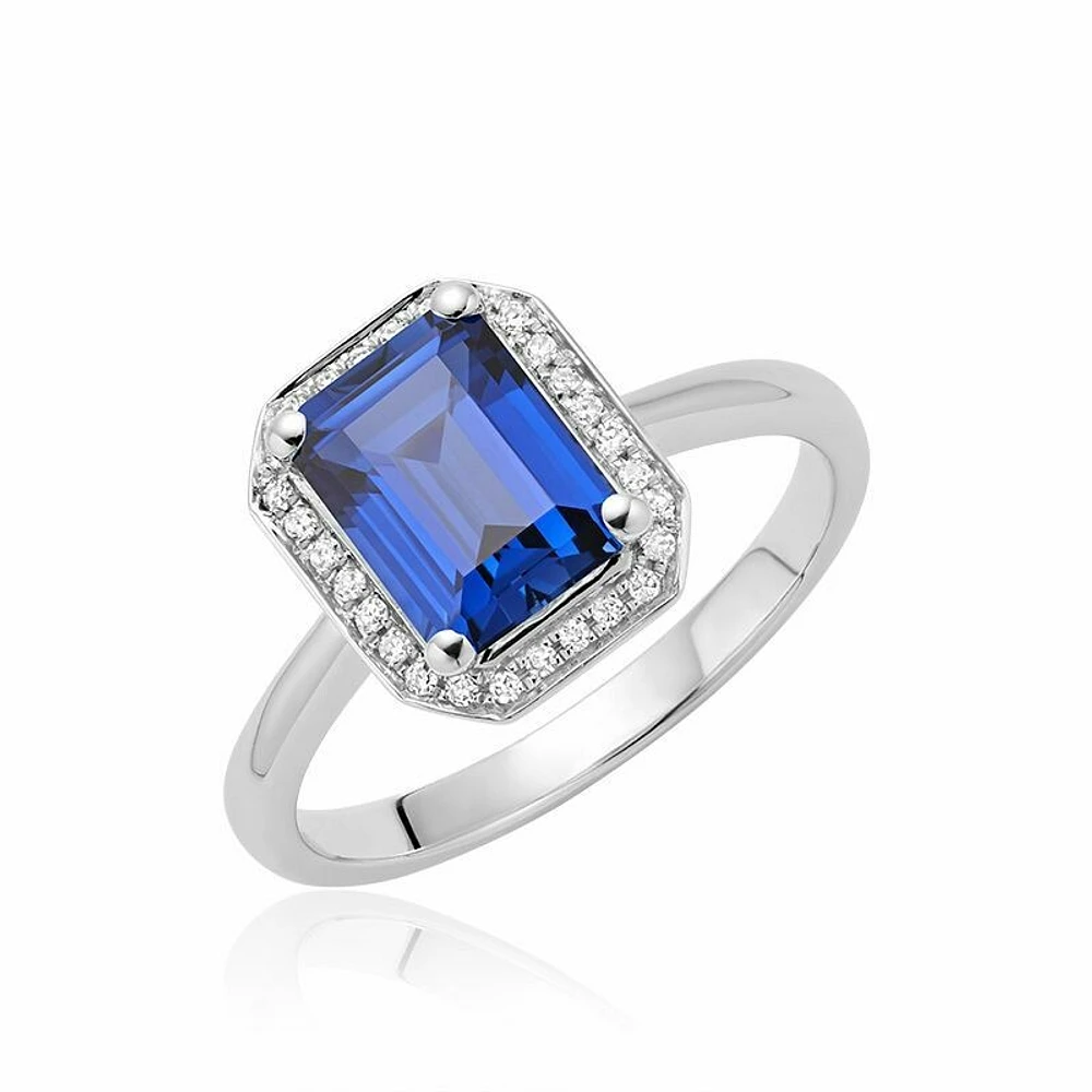 Created Blue Sapphire & Diamond Emerald Cut Ring