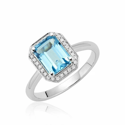 Blue Topaz & Diamond Emerald Cut Ring