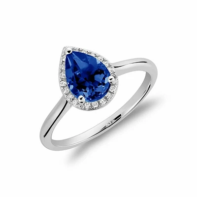 Created Blue Sapphire & Diamond Pear Shape Ring