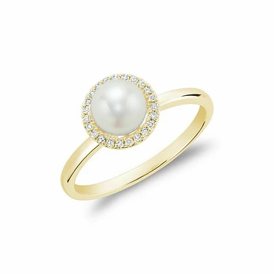 Freshwater Pearl & Diamond Ring 6MM Yellow Gold