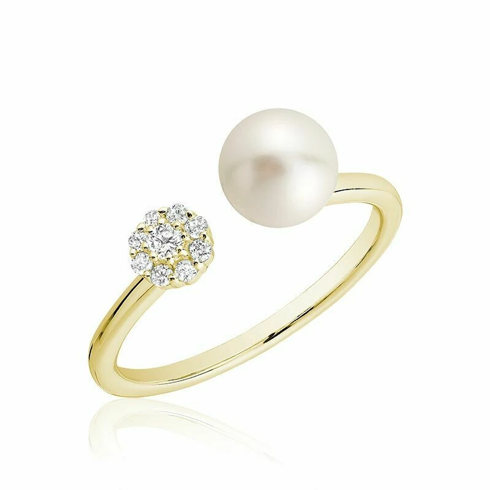 Open Pearl Ring with Cluster Setting Diamonds Gold