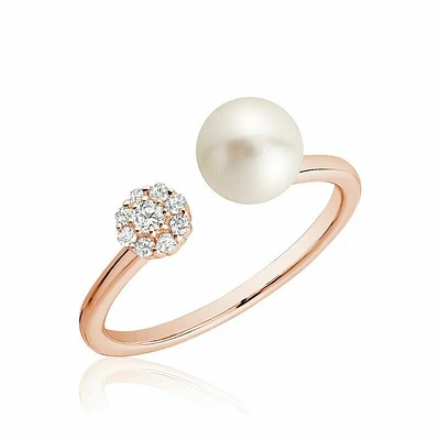 Open Pearl Ring with Cluster Setting Diamonds Rose Gold