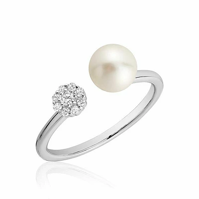 Open Pearl Ring with Cluster Setting Diamonds Gold