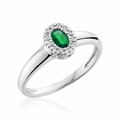 Oval Emerald & Diamond Halo Ring White Gold