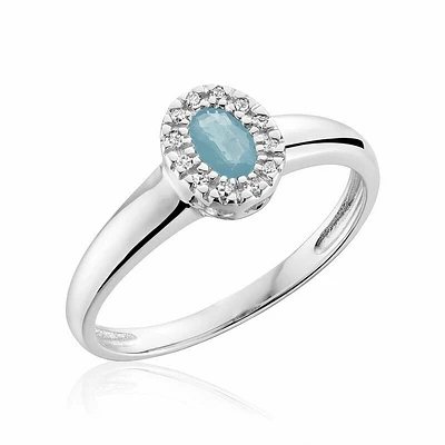 Oval Aquamarine & Diamond Halo Ring White Gold