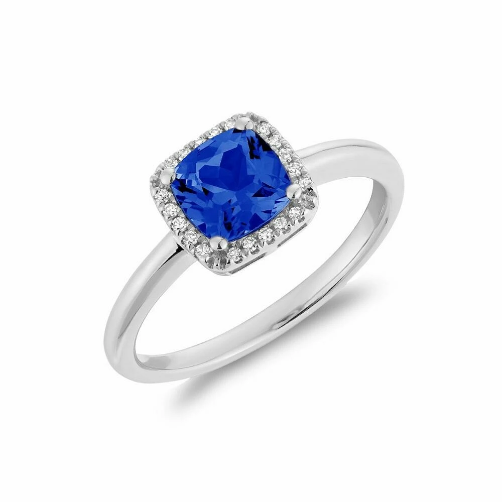 Cushion Cut Blue Sapphire & Diamond Halo Ring White Gold