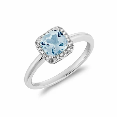 Cushion Cut Sky Blue Topaz & Diamond Halo Ring White Gold