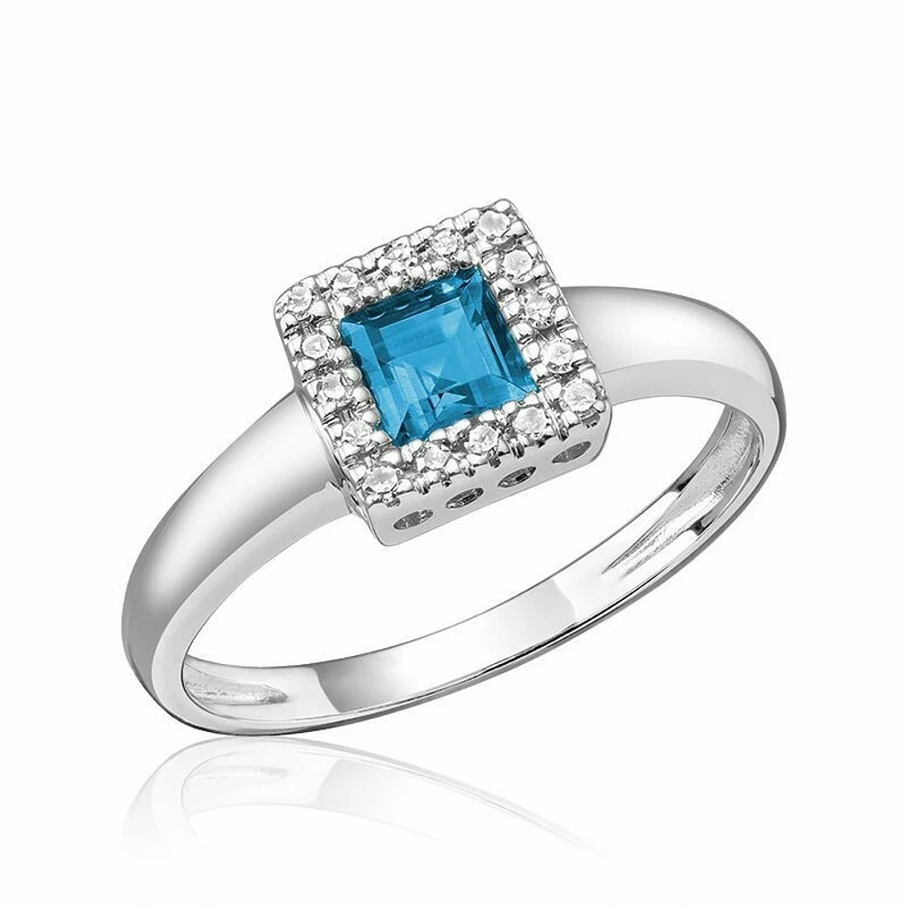 Princess Cut Blue Topaz & Diamond Halo Ring White Gold