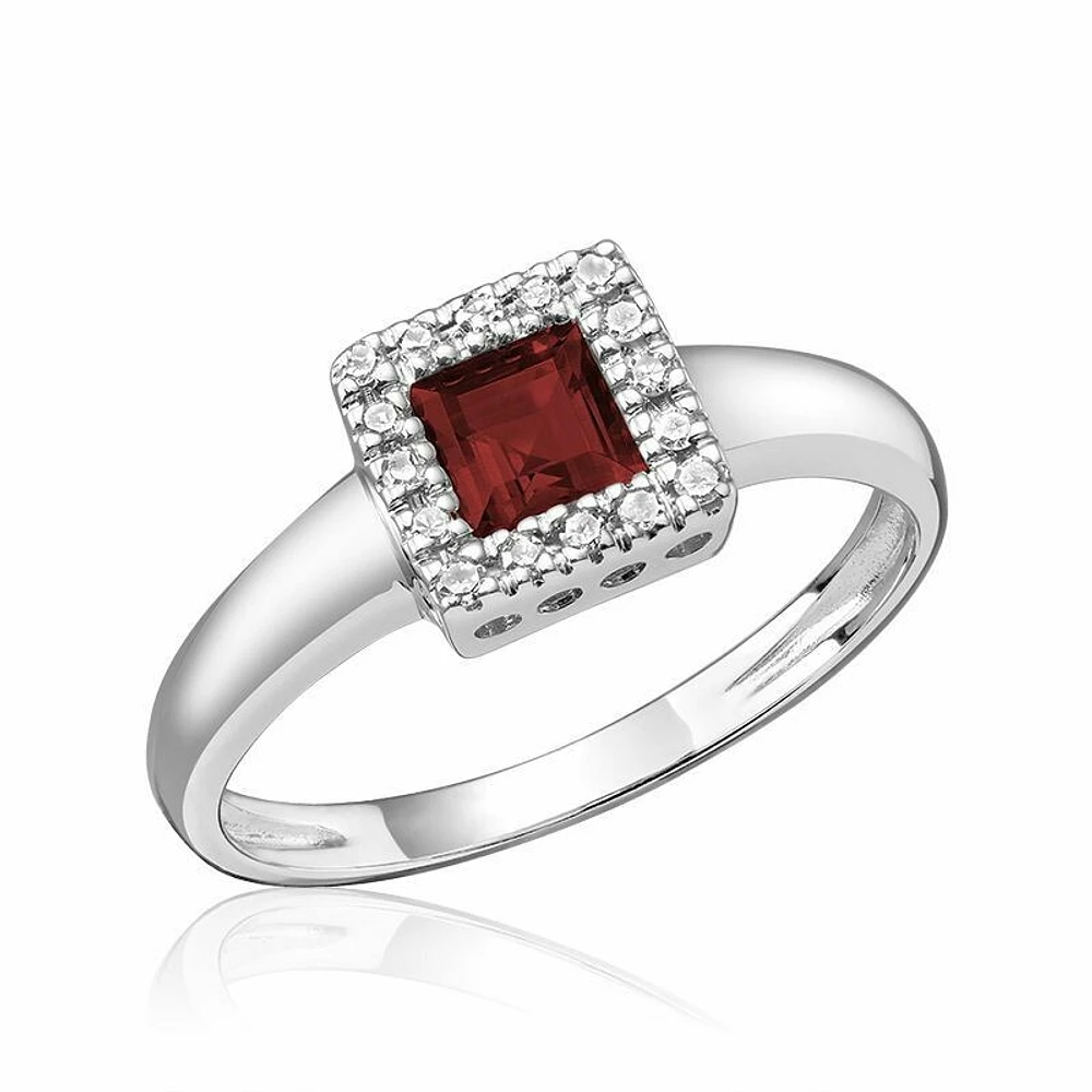 Princess Cut Garnet & Diamond Halo Ring White Gold