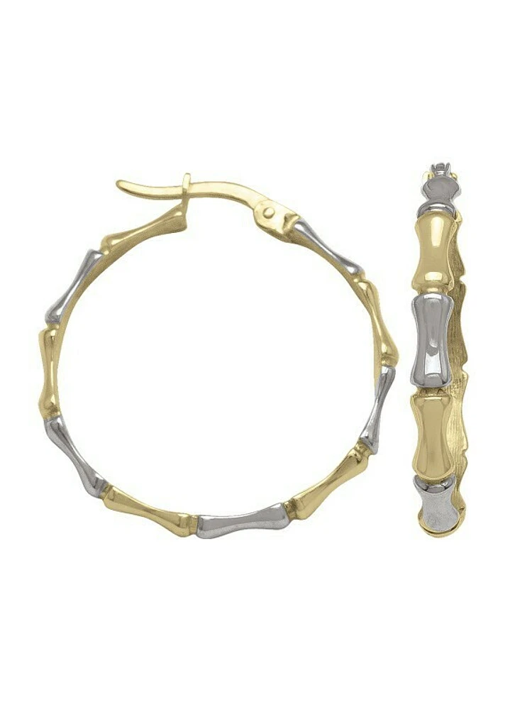 White & Yellow Gold Two Tone Bamboo Design Hoop Earring 14KT