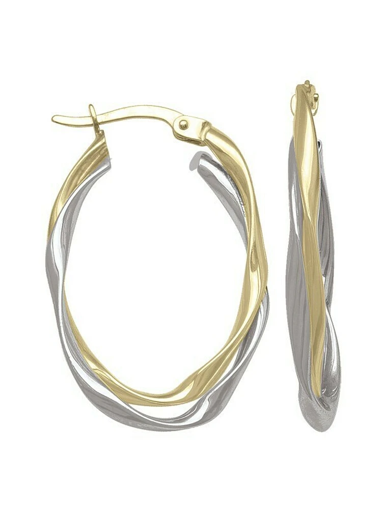 White & Yellow Gold Two Tone Oval Fancy Hoop Earring 10KT