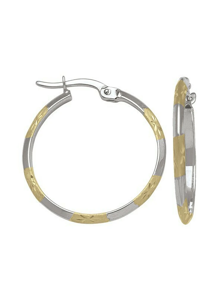 White & Yellow Gold Two Tone Patterned Knife Edge Hoop Earring 10KT