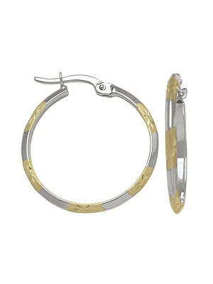 White & Yellow Gold Two Tone Patterned Knife Edge Hoop Earring 10KT