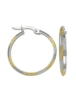 White & Yellow Gold Two Tone Patterned Knife Edge Hoop Earring 10KT