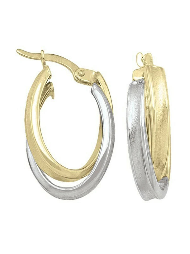 White & Yellow Gold Two Tone Fancy Oval Hoop Earring 10KT