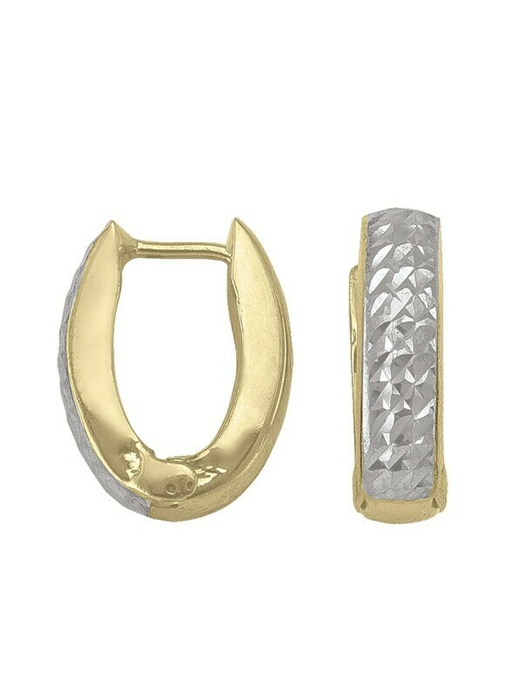 White & Yellow Gold Two Tone Patterned Oval Huggie Earring 10KT