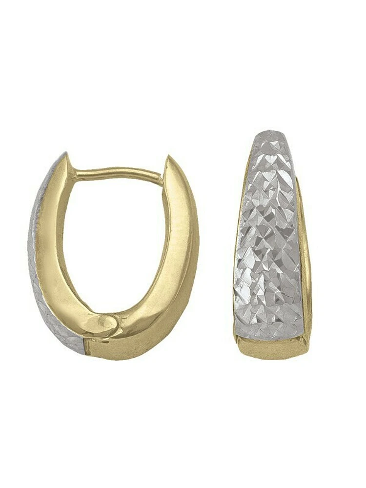 White & Yellow Gold Two Tone Patterned Oval Huggie Earring 10KT