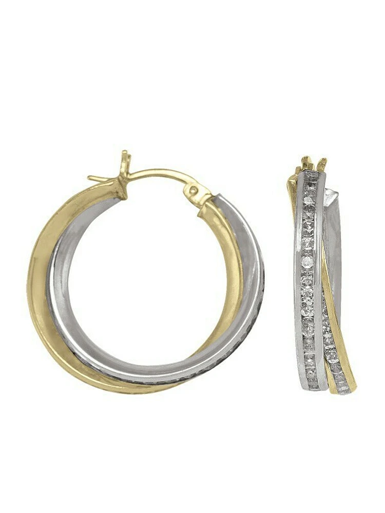 White & Yellow Gold Two Tone Fancy CZ Hoop Earring 10KT