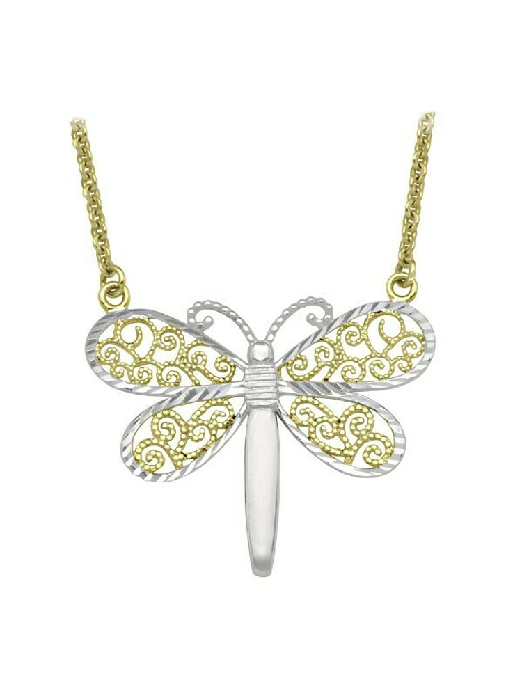 White & Yellow Gold Two Tone Filigri Dragonfly Necklace 10KT