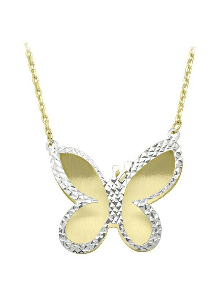 White & Yellow Gold Two Tone Butterfly Necklace 10KT