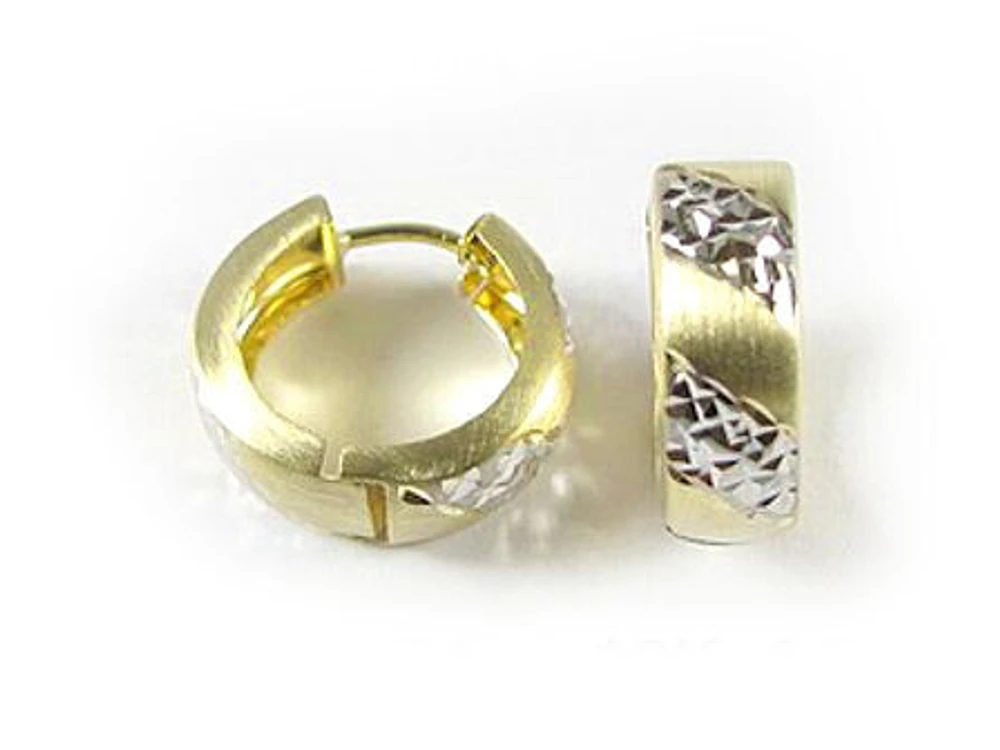 10K Yellow & White Gold Shimmer & Matte Cut Two Tone Huggy Earrings