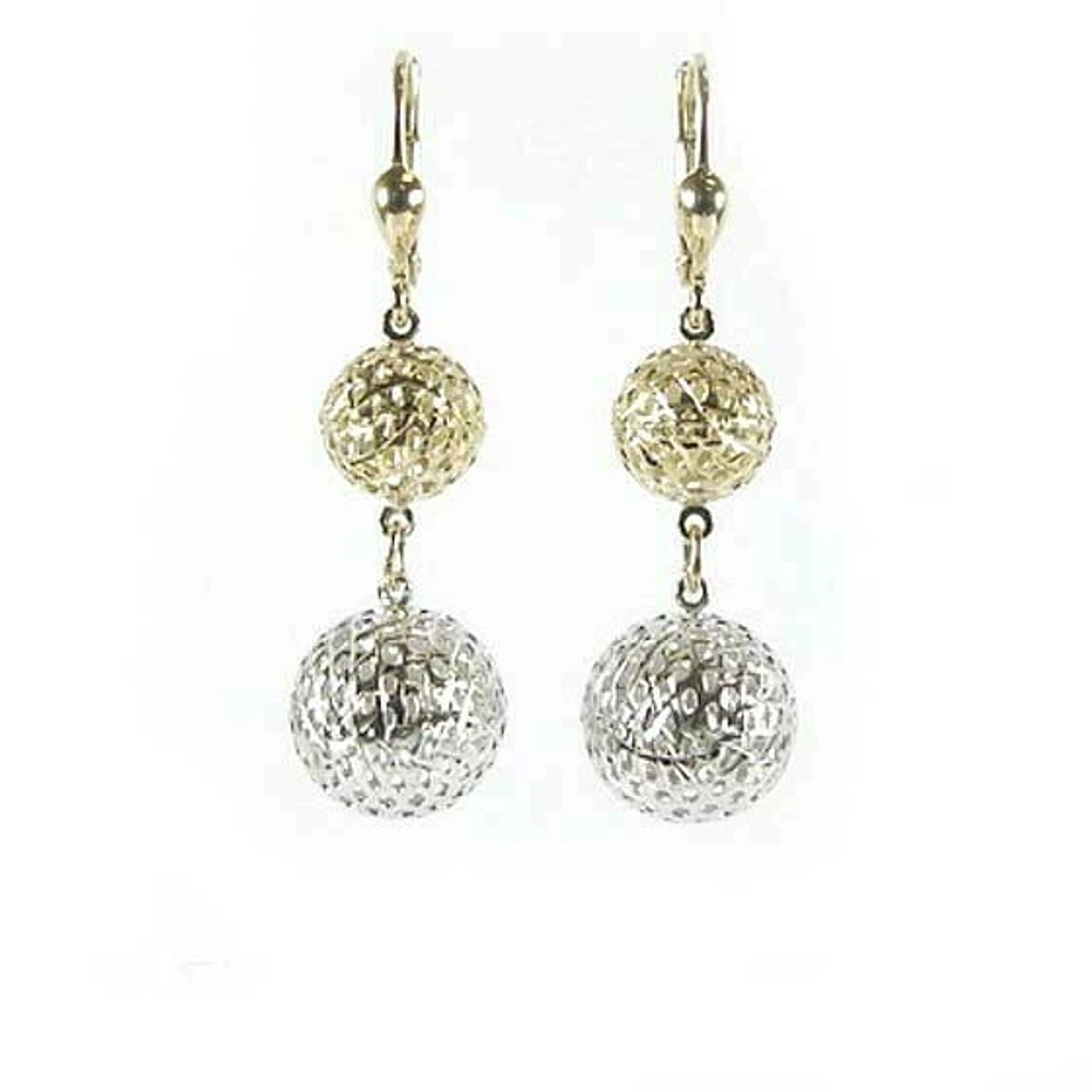 10K Yellow & White Gold Two Tone Shimmer Cut Ball Dangle Earrings