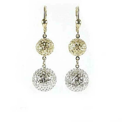 10K Yellow & White Gold Two Tone Shimmer Cut Ball Dangle Earrings