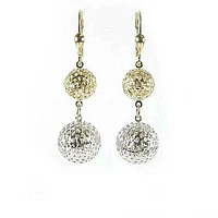 10K Yellow & White Gold Two Tone Shimmer Cut Ball Dangle Earrings