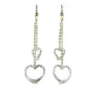 10K Yellow & White Gold Heart Shimmer Cut Dangle Earrings