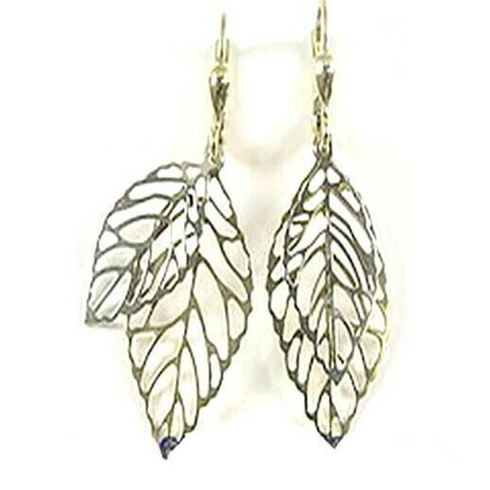 10K White & Yellow Gold Two Tone Feather Dangle Earrings