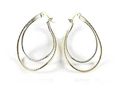 10K Yellow & White Gold Hammered Finish Two Tone Hoop Earrings