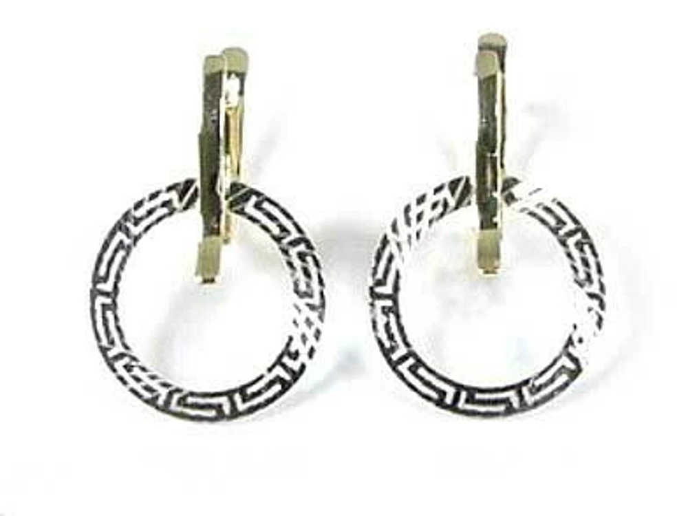 10K Yellow & White Gold Greek Key Lever Dangle Earrings