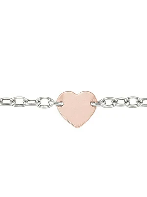 Sterling Silver Rhodium Plated Hollow Link Bracelet With Pink Gold Plated Heart