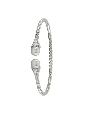 Sterling Silver Rhodium Plated And Pearl Fancy Bangle