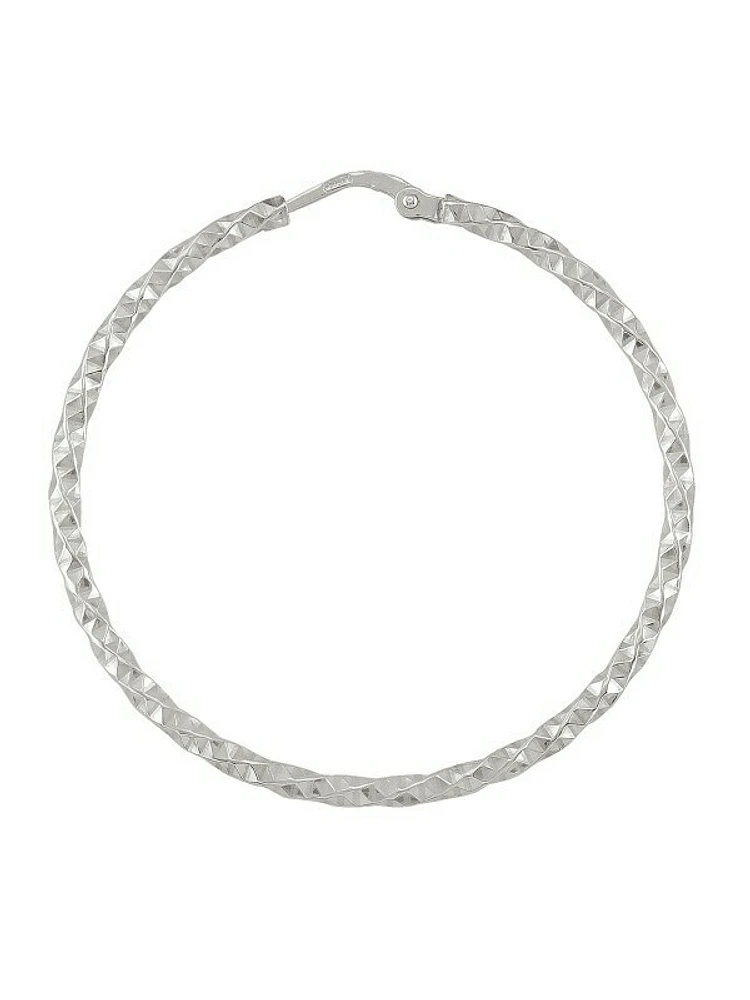 Sterling Silver Rhodium Plated Diamond Cut Hoop Earring