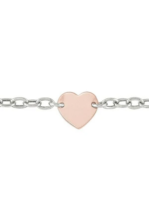 Sterling Silver Rhodium Plated Hollow Link Necklace With Pink Gold Plated Heart