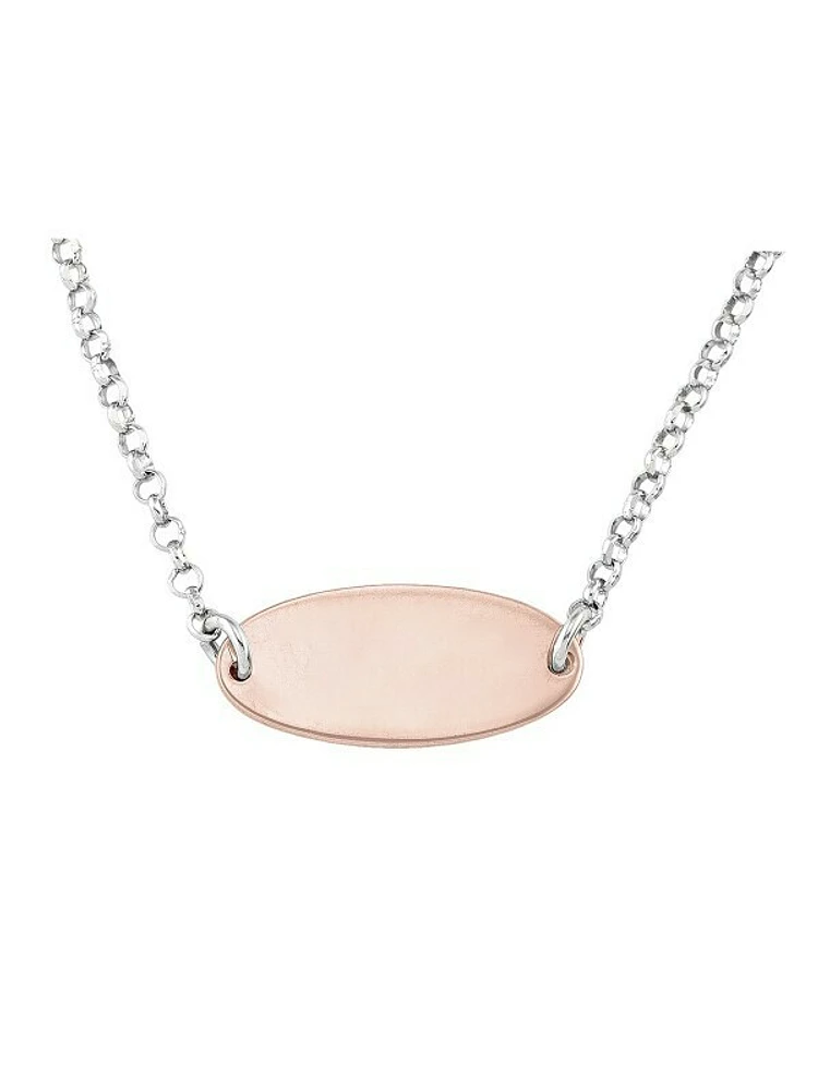 Sterling Sivler Pink & Rhodium Finish Oval Plate Bar Necklace