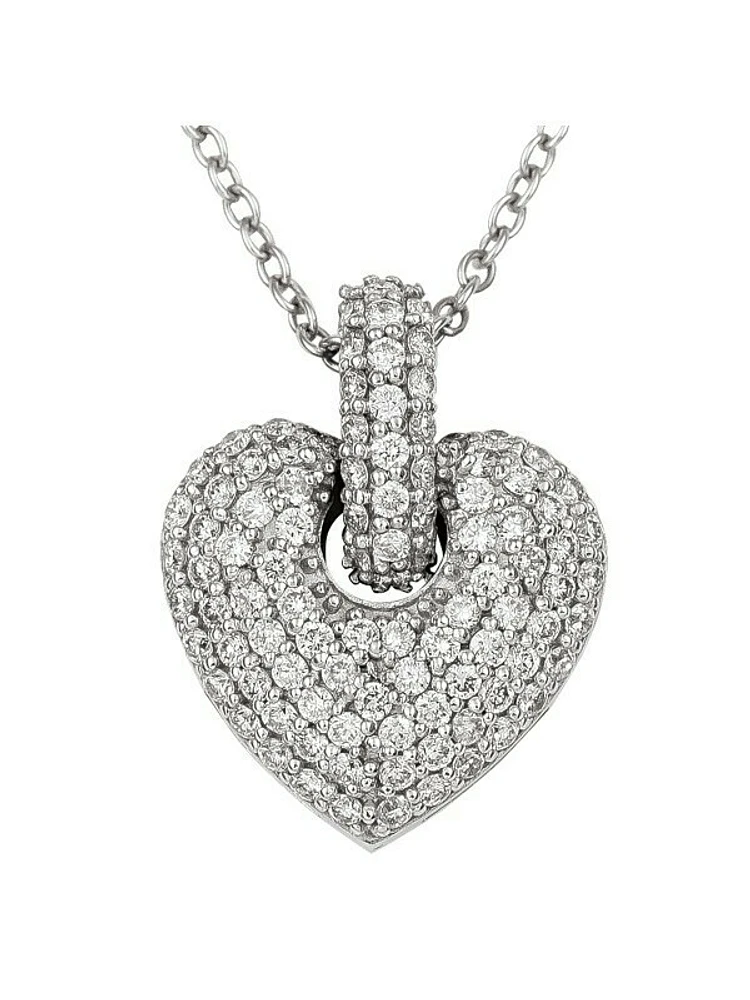 White Gold Diamond Puffed Heart Necklace With Solid 18" Cable Chain 14KT