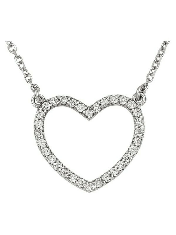 White Gold Large Diamond Open Heart Necklace With Solid 18" Cable Chain 14KT