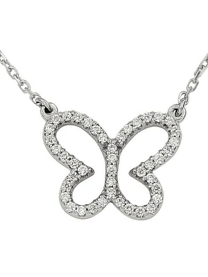 White Gold Diamond Butterfly Necklace With Solid 18" Cable Chain 14KT