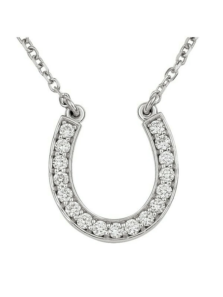 White Gold Diamond Horse Shoe Necklace With Solid 18" Cable Chain 14KT