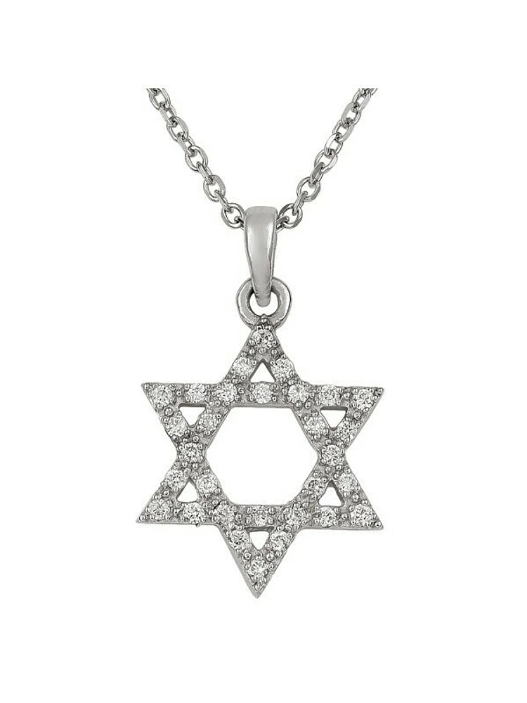 White Gold Diamond Star Of David Necklace , With Solid 18" Cable Chain 14KT