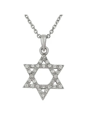 White Gold Diamond Star Of David Necklace , With Solid 18" Cable Chain 14KT