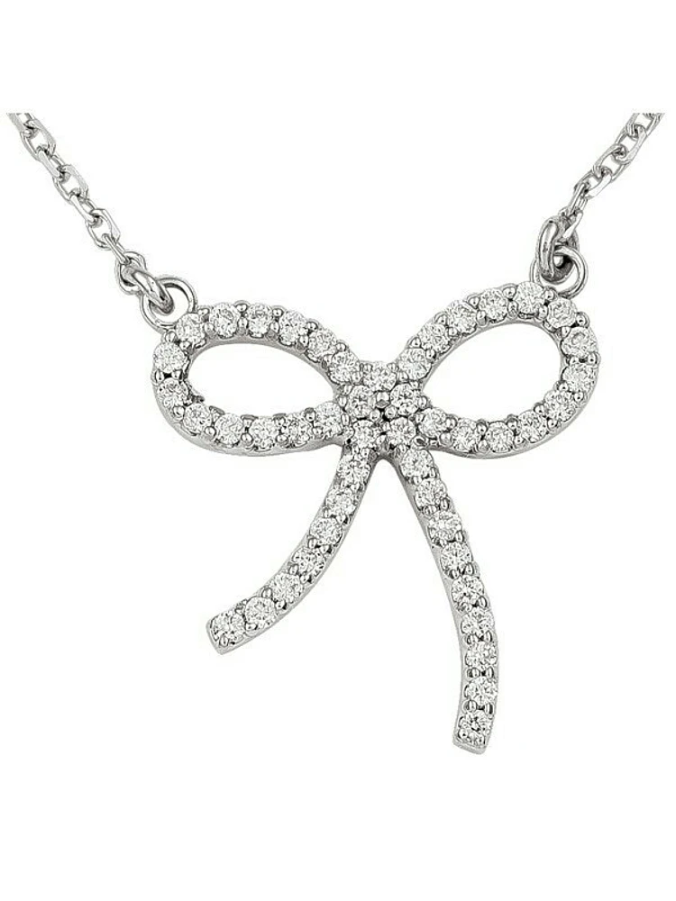 White Gold Diamond Bow Necklace With Solid 18" Cable Chain 14KT