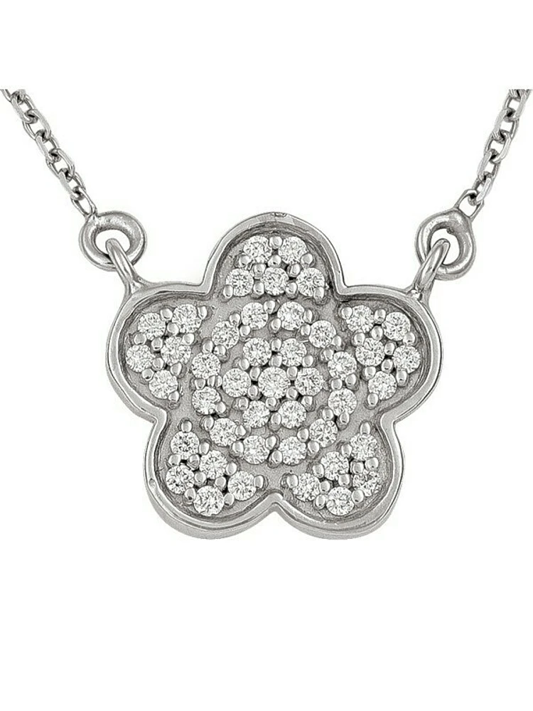 White Gold Diamond Flower Necklace With Solid 18" Cable Chain 14KT